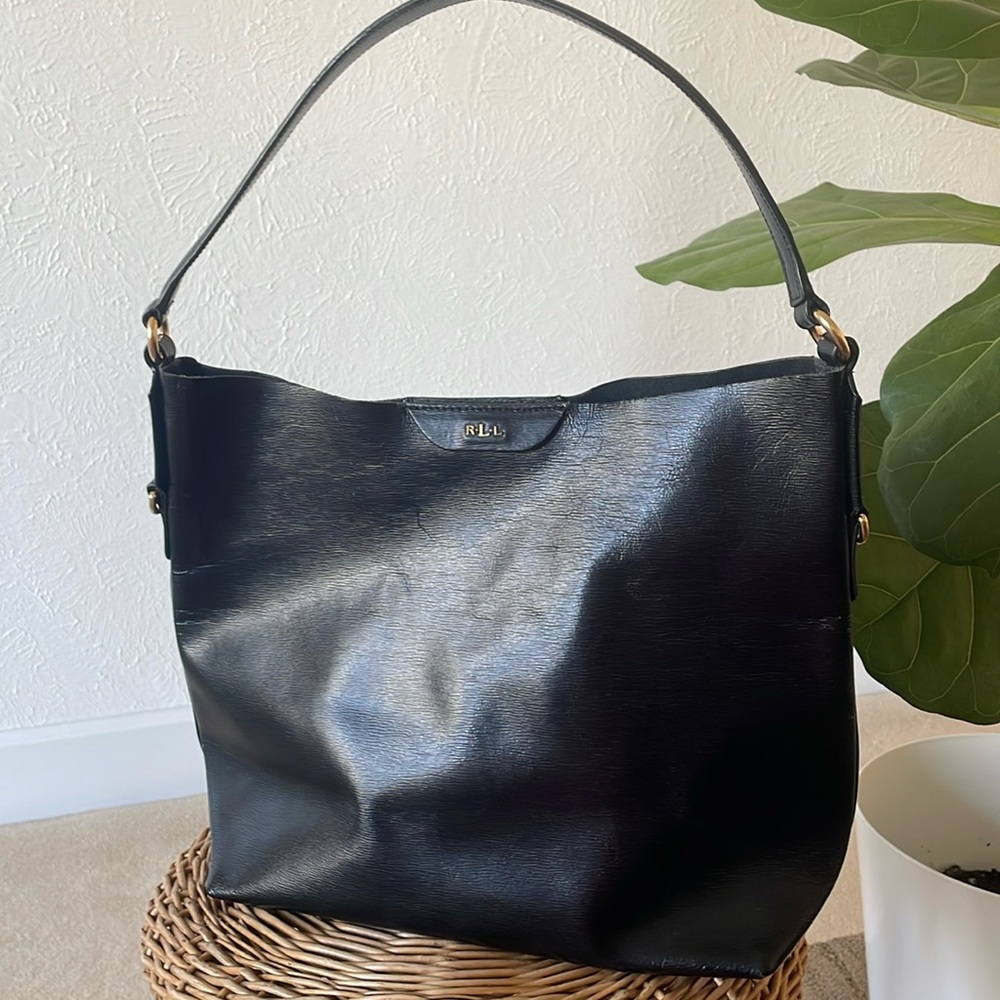 Lauren Ralph Lauren Tate black pebbled lather medium tote bag